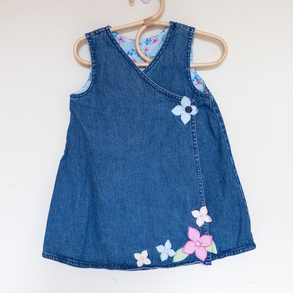 Vintage Faded Glory Jumper Dress Blue Denim Floral Applique Kids 24 Months